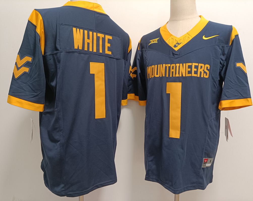 Men West Virginia Mountaineers #1 White Drak Blue Nike 2025 NCAA Jersey